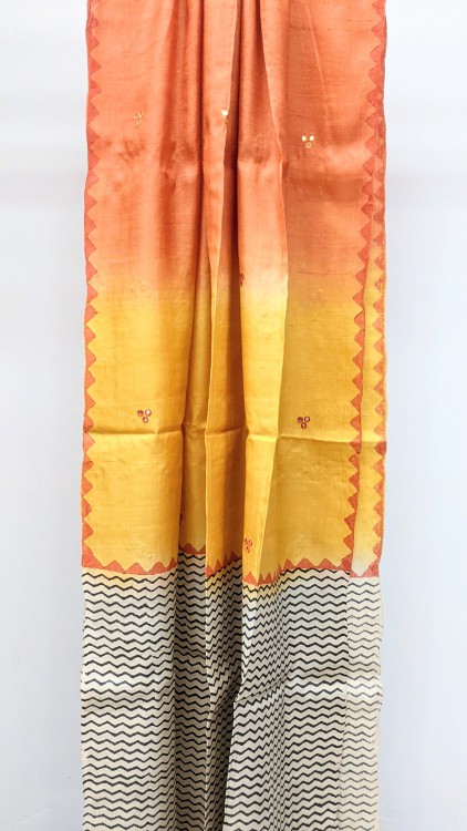 Shaded Tussar Silk Dupatta With Block Print - Mirror Work